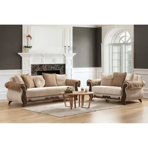 Beige Chenille Upholstered 2-Piece Living Room Set.