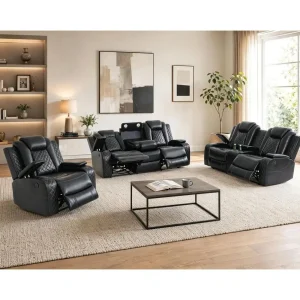 3-Piece Reclining Leather Sofa Set with LED Lights