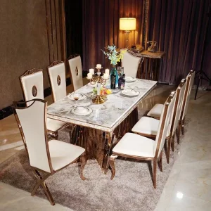 Luxury Marble Dining Set: 6 Genuine Leather Chairs..
