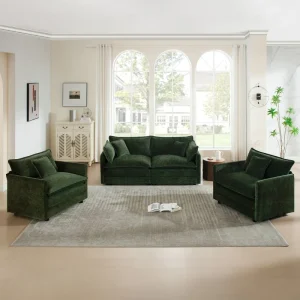 Green Chenille 2-Piece Armchair and 2-Seater Sofa Set.