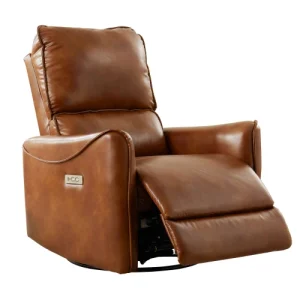 BROWN COLOR AIR LEATHER ELECTRIC RECLINER CHAIR WITH ROCKER AND SWIVEL.