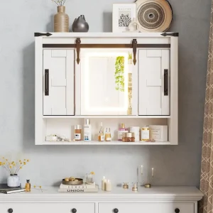 White Wall-Mounted LED-Illuminated Medicine Cabinet with Mirror and Sliding Barn Door Storage.