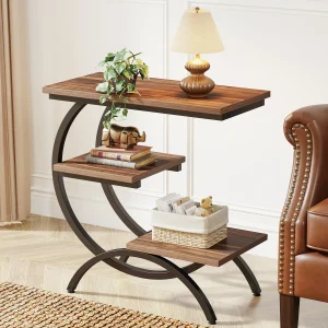 Living Room C-Shaped 3 Tiered End Table. Color: Chocolate.