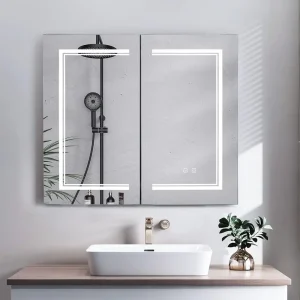 White 2-Door 32x28 LED-Illuminated Wall-Mounted Bathroom Cabinet with 3-Tier Storage, USB Charging,