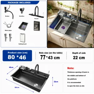 Stainless Steel Kitchen Multifunctional Sinks Digital Display Dish Basin Large Single Slot Waterfall Hot Cold Faucets