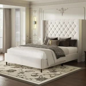 Velvet Luxury Design Upholstered Platform Bed with 62" Tall Wingback Headboard.