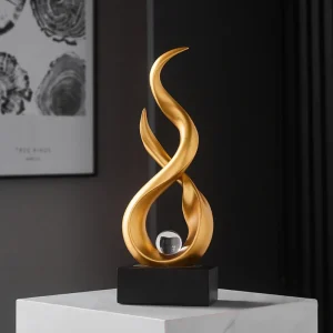 Abstract Golden Flame Sculpture Crystal Ball Home Decor Resin Statue for Living Room