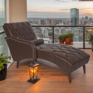 Dark Brown PU Leather Tufted Chaise Lounge Chair with Lumbar Pillow.
