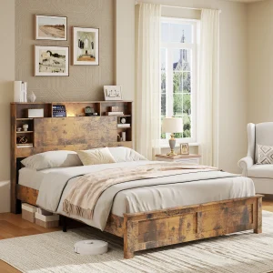 Full, Queen, King Size Wood Platform Bed Frame with Charging Station, LED Lights & Bookcase.