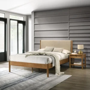 Rubberwood Bedroom Set with Upholstered Queen Bed and Nightstand.