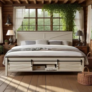 King Size Farmhouse Bed Frame with Headboard, Sliding Barn Door Storage Cabinets.