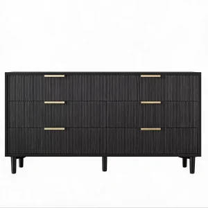 Black Anti tipping design, Fluted 6 Drawer Dresser with Metal Legs.