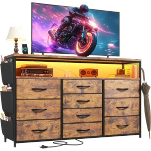 Rustic Brown 10-Drawer Bedroom Set. Holds 55 TVs, LED Lights, Power Outlets, Shelves.