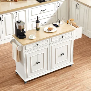 60" Mobile Kitchen Island, Table Drop Leaf, Power Outlet, Spice/Towel Rack, Trash Bin.