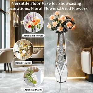 Large Standing Crushed Diamond Mirrored Flower Vase.