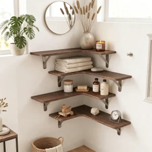 Set of 5,Espresso Brown, 16.1 x 11.4 Inch  Rustic Wood Wall  Corner Floating Shelves with Triangle Brackets,