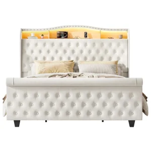 King Size Velvet Upholstered Sleigh Bed Frame with LED Light, Built-in Charging Station, Storage Space.