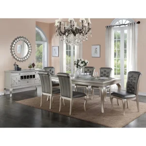 7 pc. Dining Table Rectangle Glass inert Top Silver Hue, 6 Tufted Back Chairs.