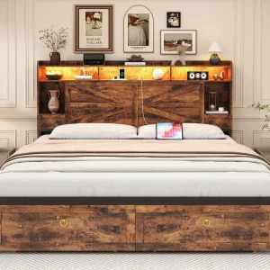 King Size Bed Frame with Storage Headboard; 4 Drawers, Charging Station & LED Lights, No Box Spring required.