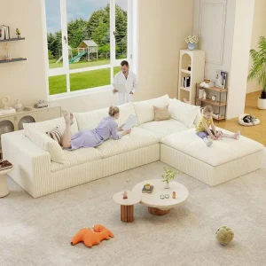 White Luxury Plush L-Shaped Cloud Couch, Deep Seat Sectional Sofas.