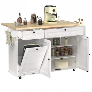 60" White Mobile Kitchen Island, Table Drop Leaf with Power Outlet, Spice, Towel Rack, Trash Door.