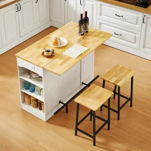 47" Mobile Kitchen Island with 2 Chairs, Drop Leaf, Home Bar Table with Spice Rack & Trash Bin.