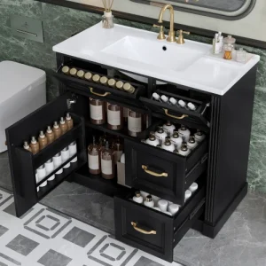 36" Bathroom Vanity with Ceramic Basin, Cabinet with 4 Drawers, Soft-Close Door & Adjustable Shelf.
