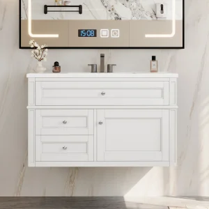 36'' White Modern Floating Vanity with Ceramic Sink, Wall Mounted Storage Cabinet with 2 Drawers.