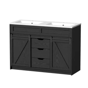 48" Black Double Sink Classic Freestanding Vanity with Sliding Barn Doors, 3 Drawers, Open Shelf.
