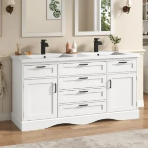 White Bathroom Vanity cabinet with double sink.