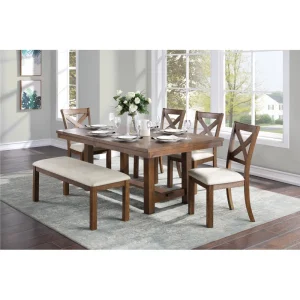 6 piece brown rectangular table with chairs & a bench with soft beige cushions.