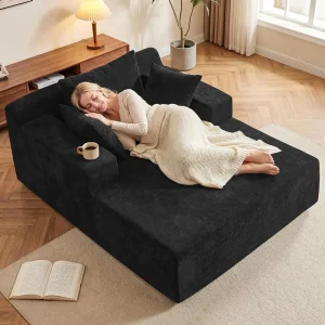 Black Oversized Chenille 66" Inside Bone Lounge Chair with 3 Pillows.