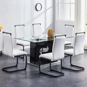 6-Person Glass Dining Table Set with Upholstered Leather Chairs.