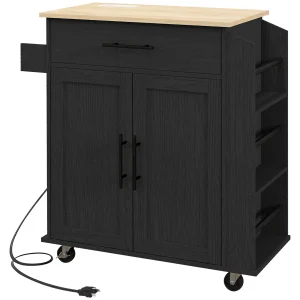 Black Rolling Kitchen Island with Storage, Outlets and USB Ports, Microwave Stand with Towel & Spice Rack.