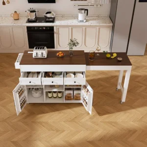 74.8" White Kitchen Island with Expandable Dining Table and Power Outlet.