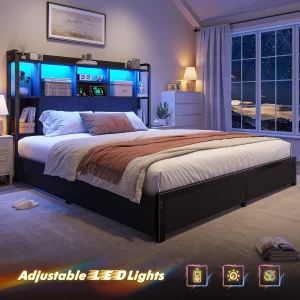 Brown King Bed Frame with 4 Large Drawers & Charging Station & LED Lights, 51" Tall Bookcase Headboard 9 Compartments, No Box Spring Needed.